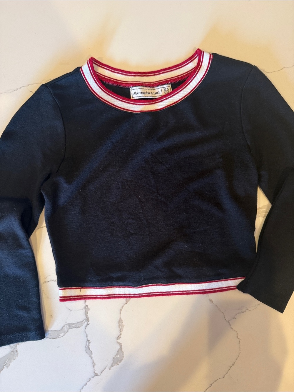 Abercrombie & Fitch Navy Long-Sleeve cropped Crew with Red and White Stripe Trim